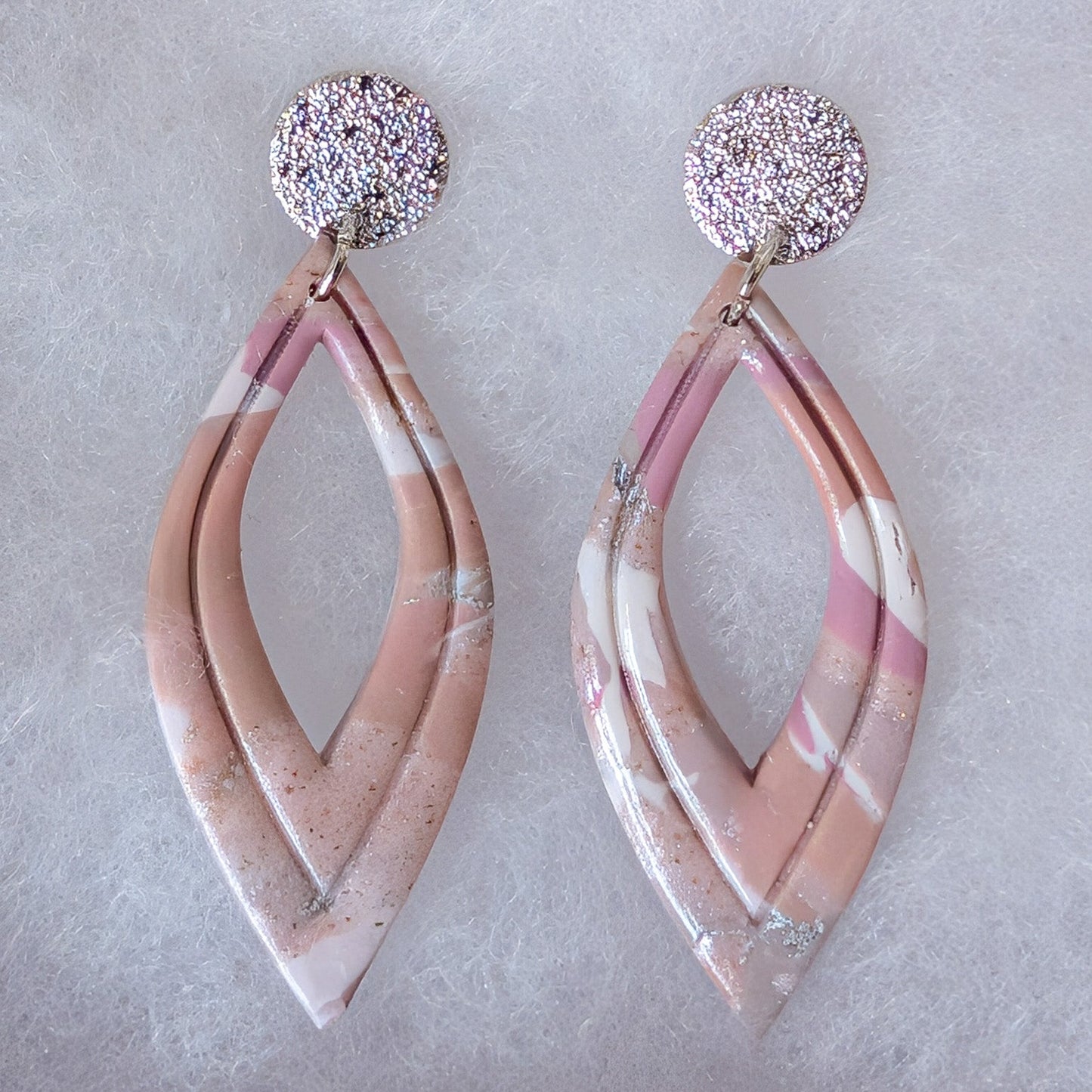 Neutral Marble Polymer Clay Earrings, Lightweight Geometric Drops, Beige Pink Everyday Office Jewelry, Gold or Silver Foil
