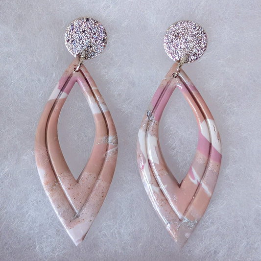 Neutral Marble Polymer Clay Earrings, Lightweight Geometric Drops, Beige Pink Everyday Office Jewelry, Gold or Silver Foil
