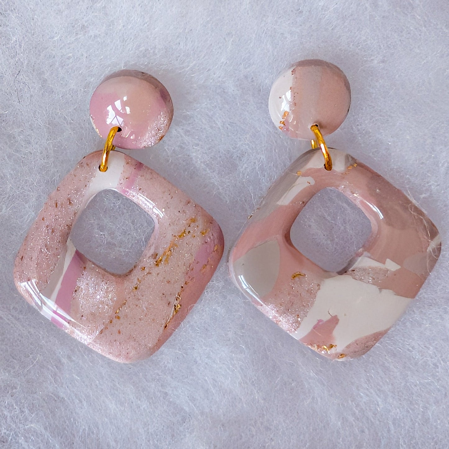 Neutral Marble Polymer Clay Earrings, Lightweight Geometric Drops, Beige Pink Everyday Office Jewelry, Gold or Silver Foil
