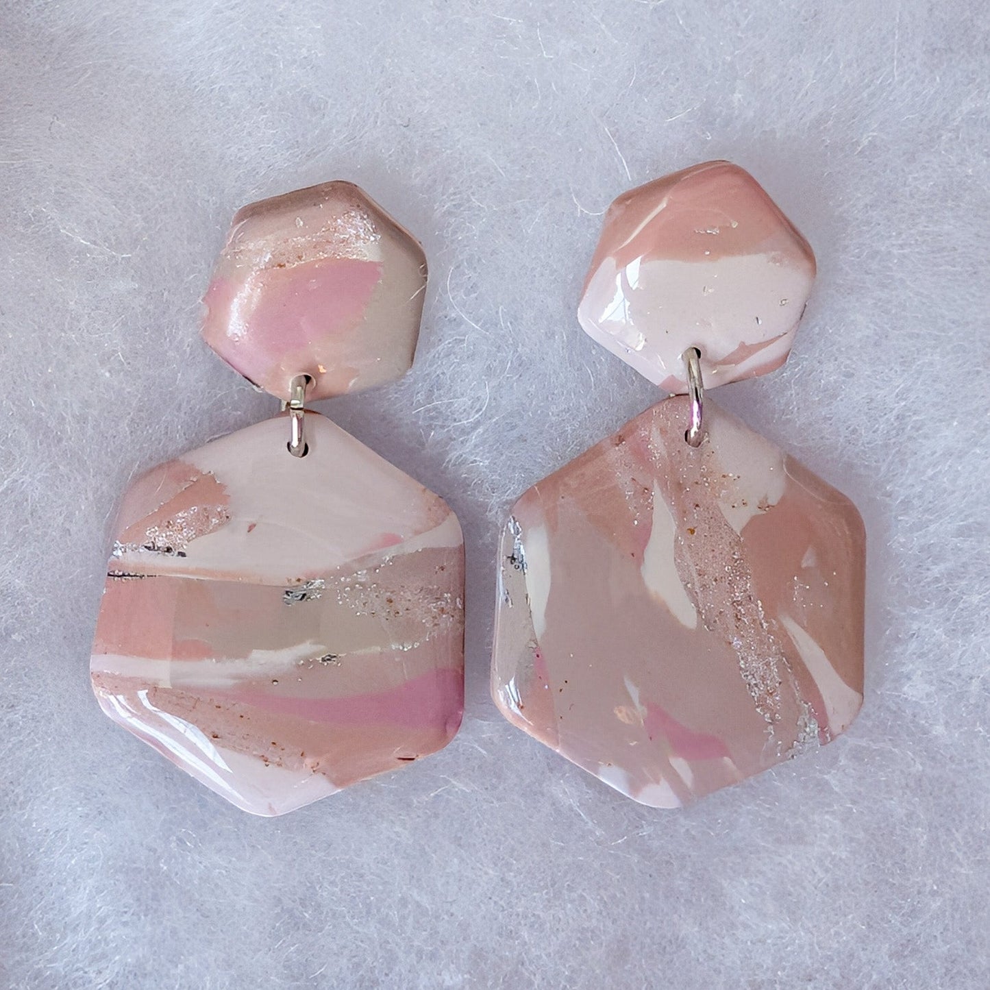 Neutral Marble Polymer Clay Earrings, Lightweight Geometric Drops, Beige Pink Everyday Office Jewelry, Gold or Silver Foil