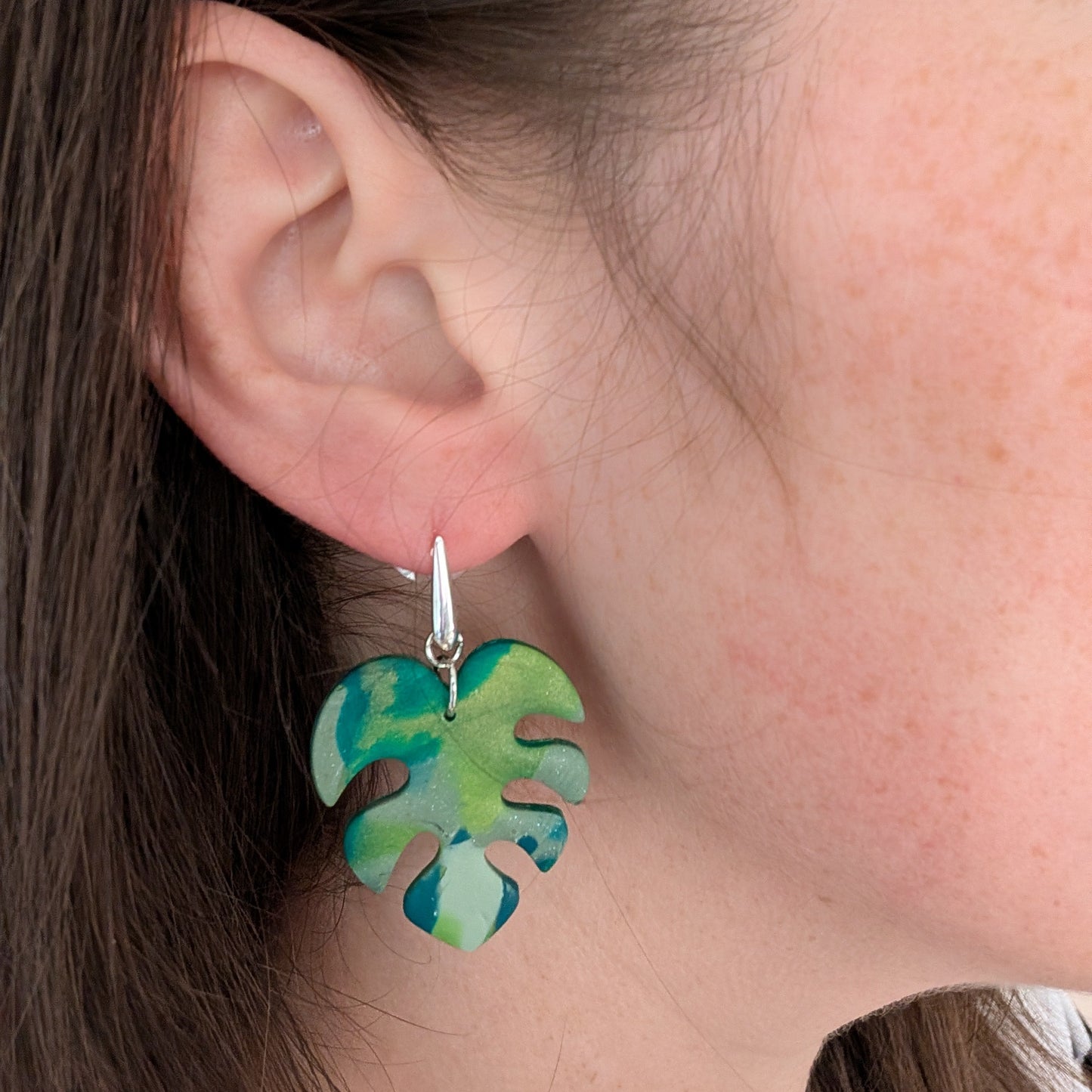 Green Monstera Earrings: Lightweight Marbled Clay Leaf Dangles for Tropical Vacations and Cruises
