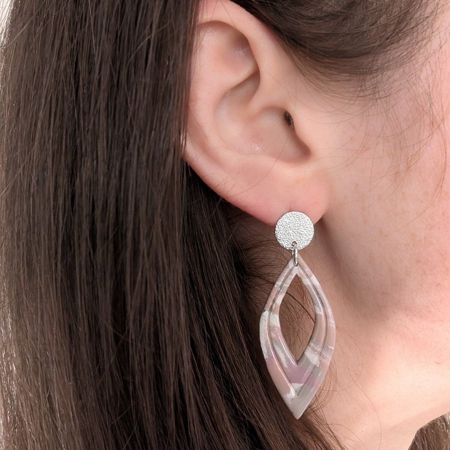 Neutral Marble Polymer Clay Earrings, Lightweight Geometric Drops, Beige Pink Everyday Office Jewelry, Gold or Silver Foil