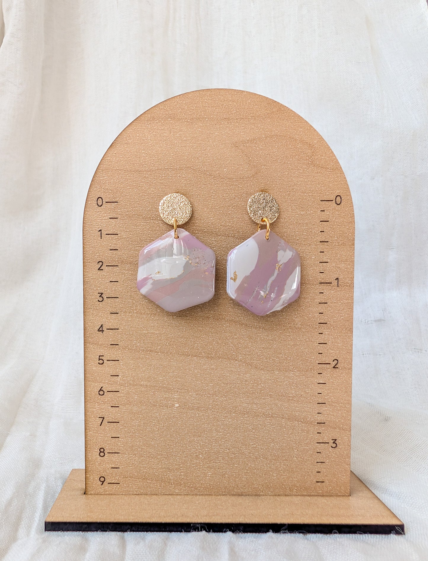 Neutral Marble Polymer Clay Earrings, Lightweight Geometric Drops, Beige Pink Everyday Office Jewelry, Gold or Silver Foil