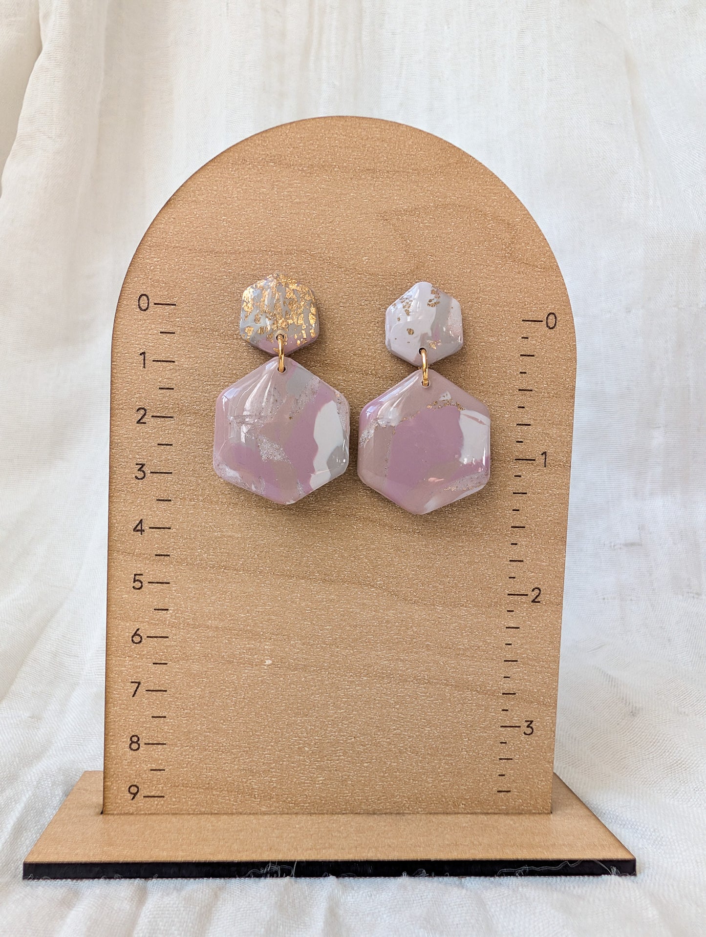 Neutral Marble Polymer Clay Earrings, Lightweight Geometric Drops, Beige Pink Everyday Office Jewelry, Gold or Silver Foil