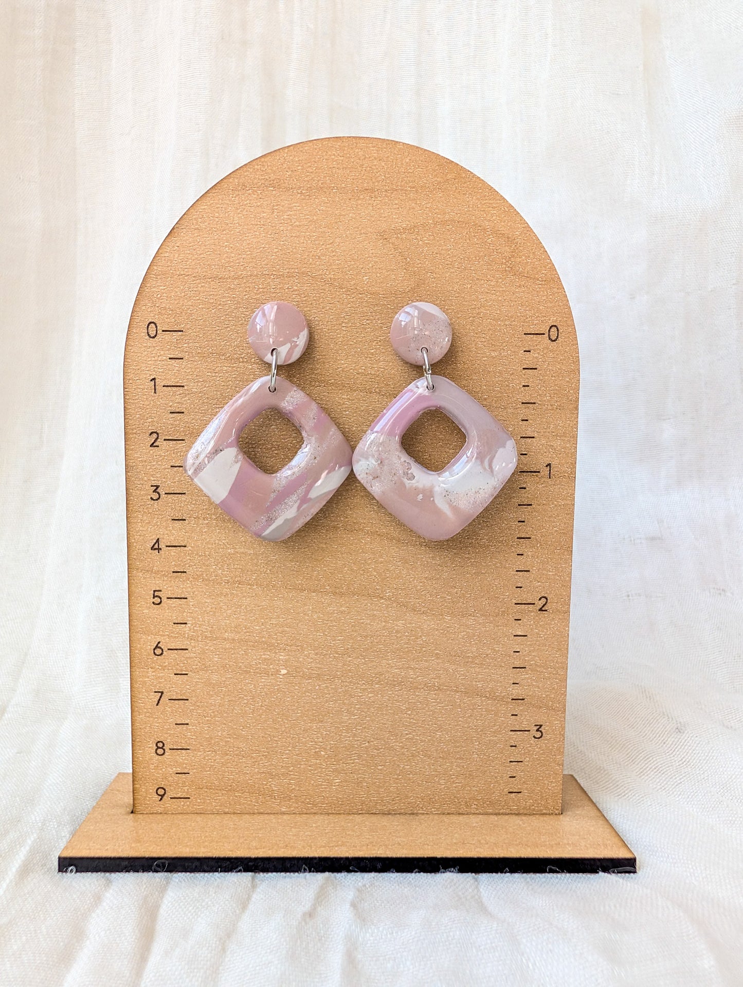 Neutral Marble Polymer Clay Earrings, Lightweight Geometric Drops, Beige Pink Everyday Office Jewelry, Gold or Silver Foil