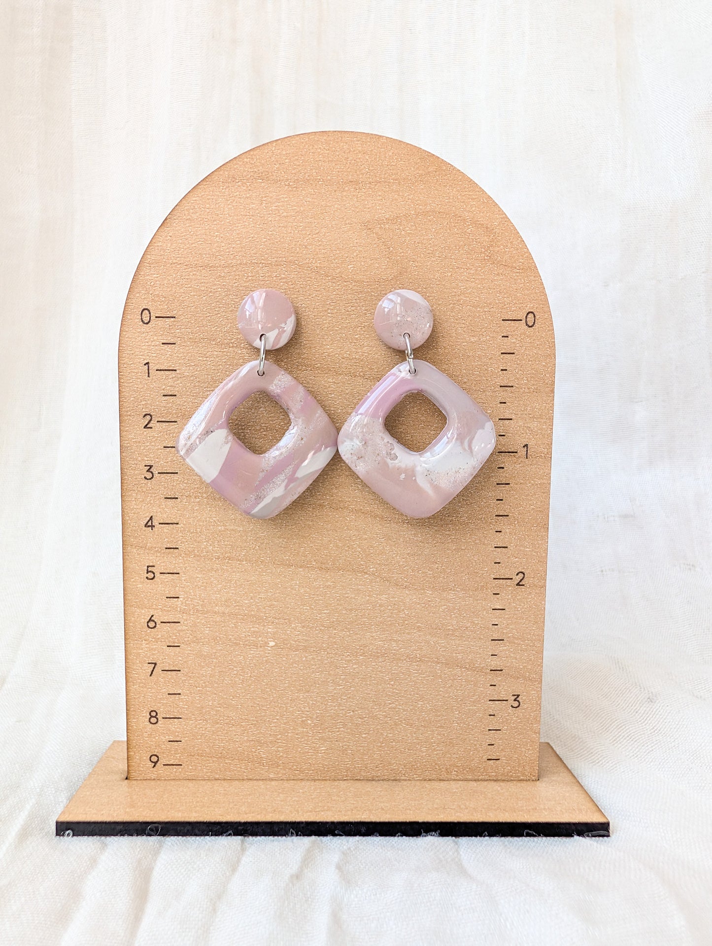 Neutral Marble Polymer Clay Earrings, Lightweight Geometric Drops, Beige Pink Everyday Office Jewelry, Gold or Silver Foil