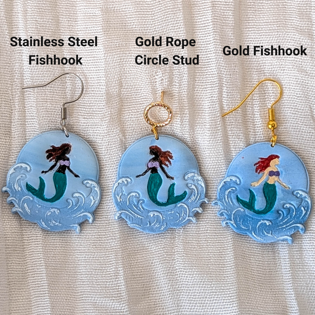 Hand Painted Polymer Clay Mermaid Earrings: Lightweight Ocean Wave Beach Jewelry