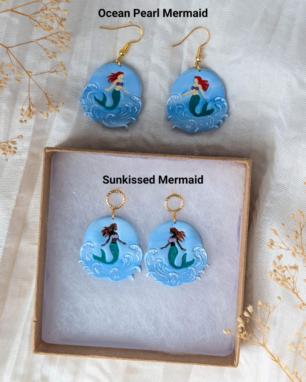 Hand Painted Polymer Clay Mermaid Earrings: Lightweight Ocean Wave Beach Jewelry