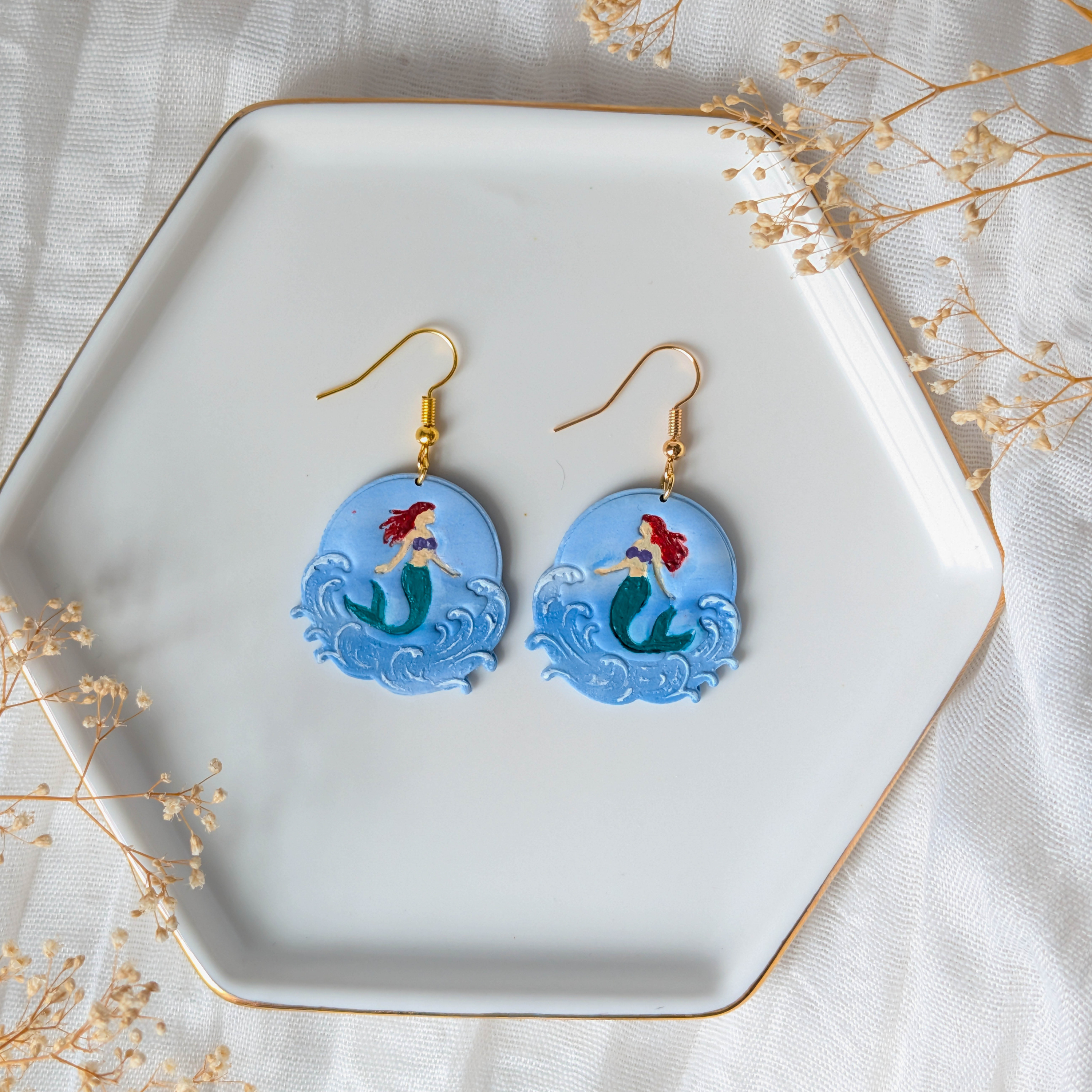 Hand Painted Polymer Clay Mermaid Earrings: Lightweight Ocean Wave Beach Jewelry