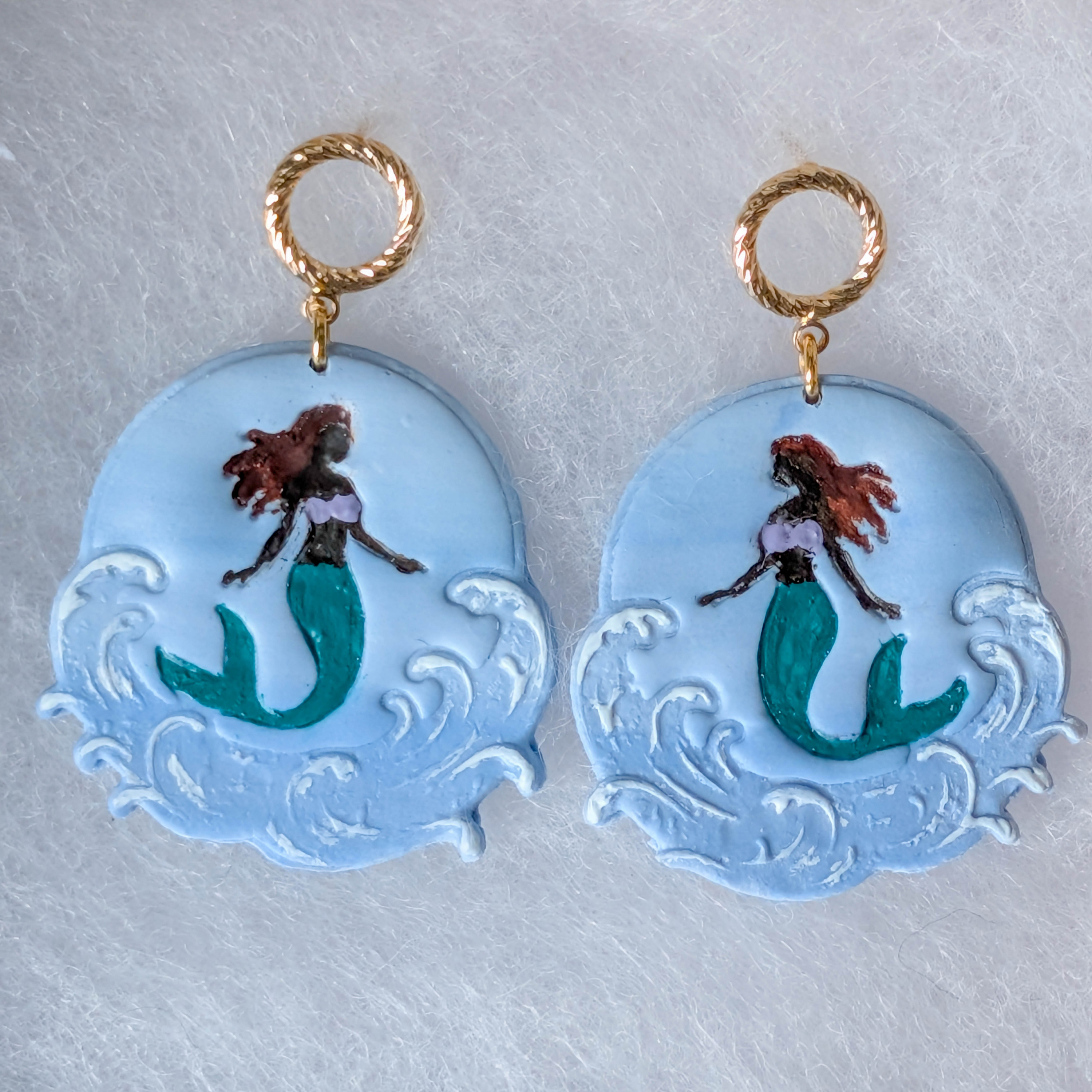 Hand Painted Polymer Clay Mermaid Earrings: Lightweight Ocean Wave Beach Jewelry