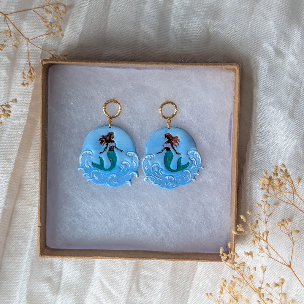 Hand Painted Polymer Clay Mermaid Earrings: Lightweight Ocean Wave Beach Jewelry