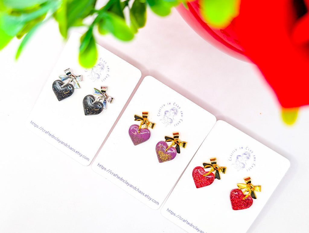 Glitter Bow Valentine's/Galentine's Heart Earrings