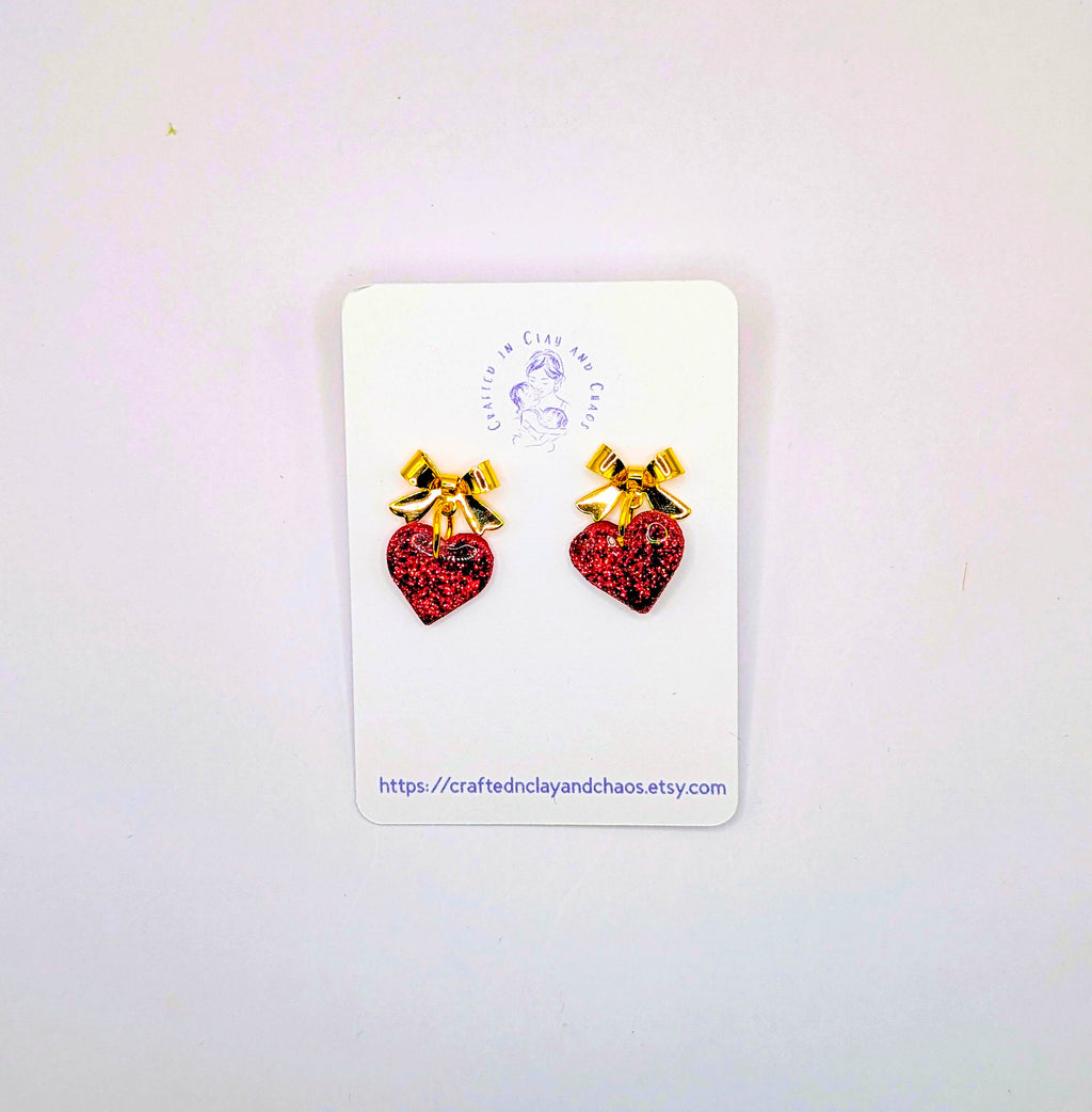 Glitter Bow Valentine's/Galentine's Heart Earrings