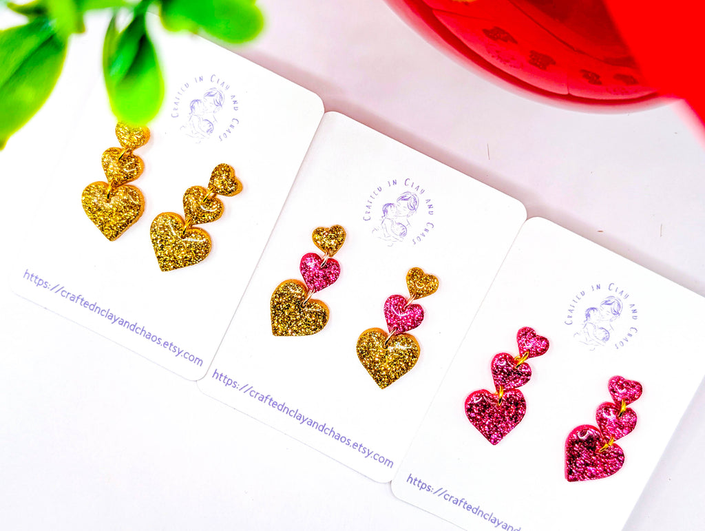 Triple Stacked Glitter Heart Valentine's/Galentine's Earrings