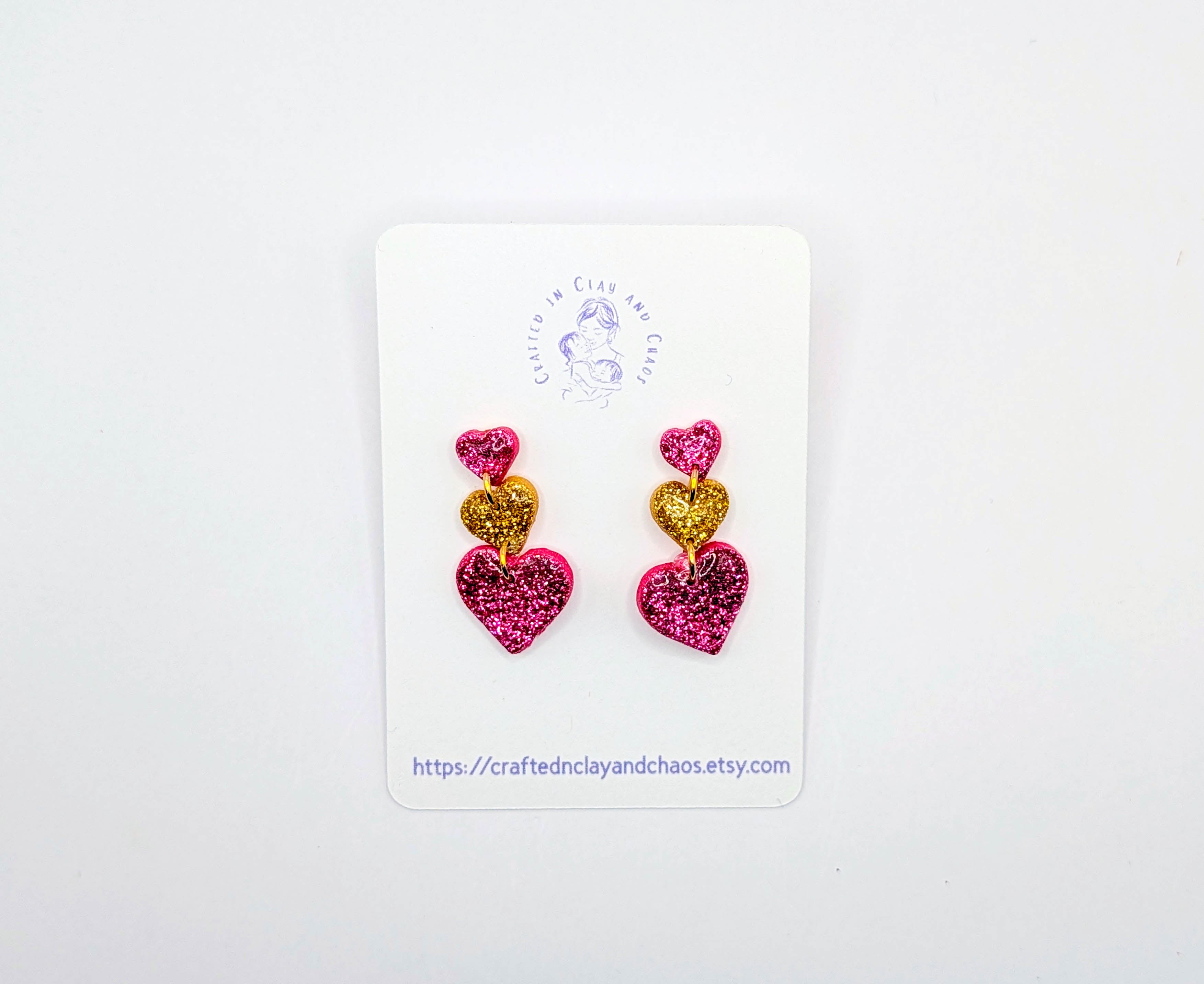 Triple Stacked Glitter Heart Valentine's/Galentine's Earrings