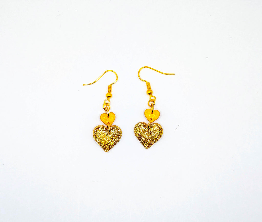 Two Tone Stacked Glitter Heart Drop Earrings