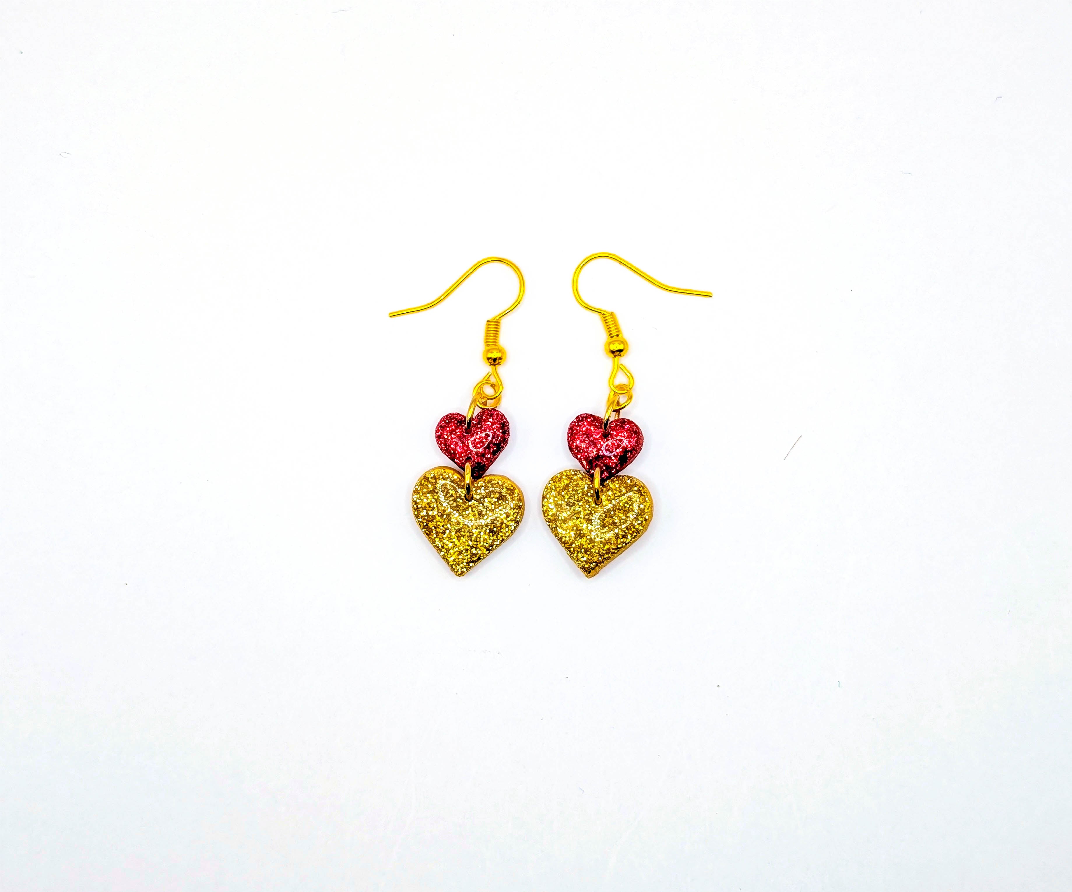 Two Tone Stacked Glitter Heart Drop Earrings