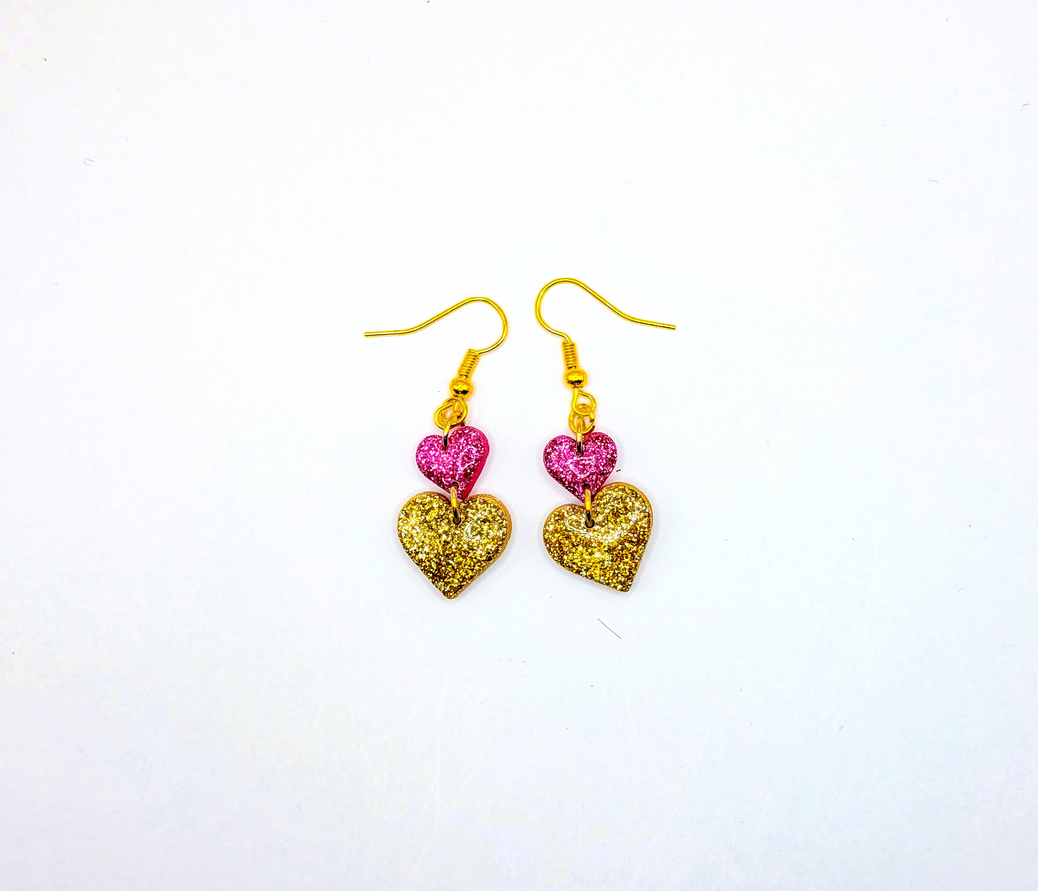 Two Tone Stacked Glitter Heart Drop Earrings
