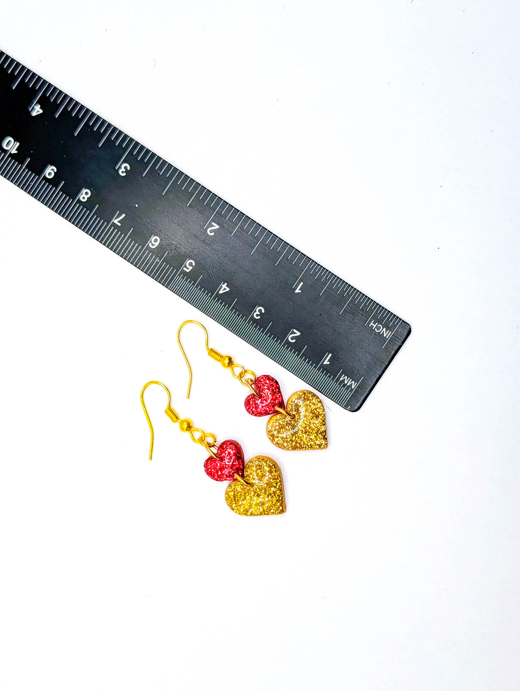 Two Tone Stacked Glitter Heart Drop Earrings