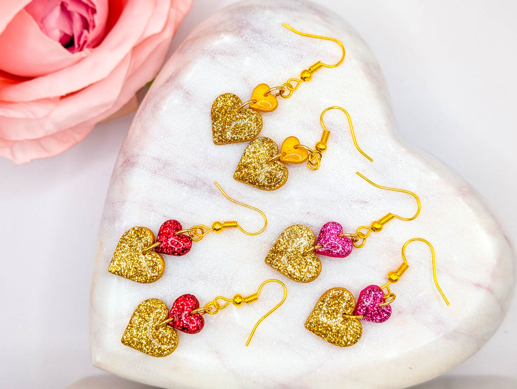 Two Tone Stacked Glitter Heart Drop Earrings