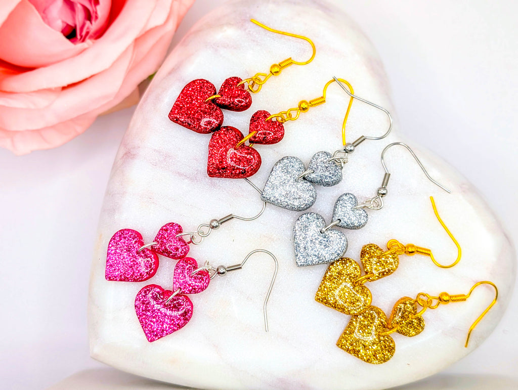 Stacked Double Heart Glitter Earrings