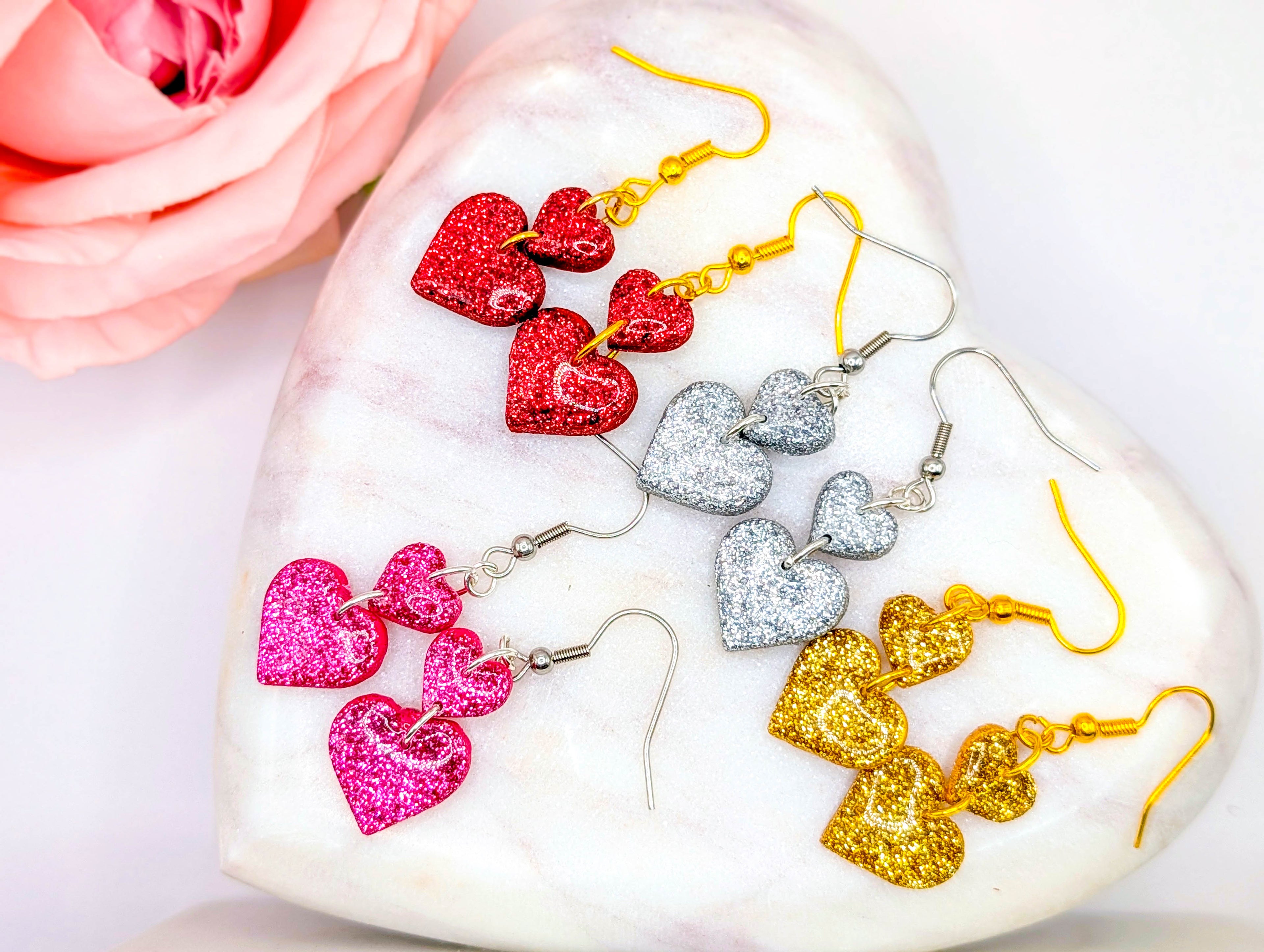 Stacked Double Heart Glitter Earrings