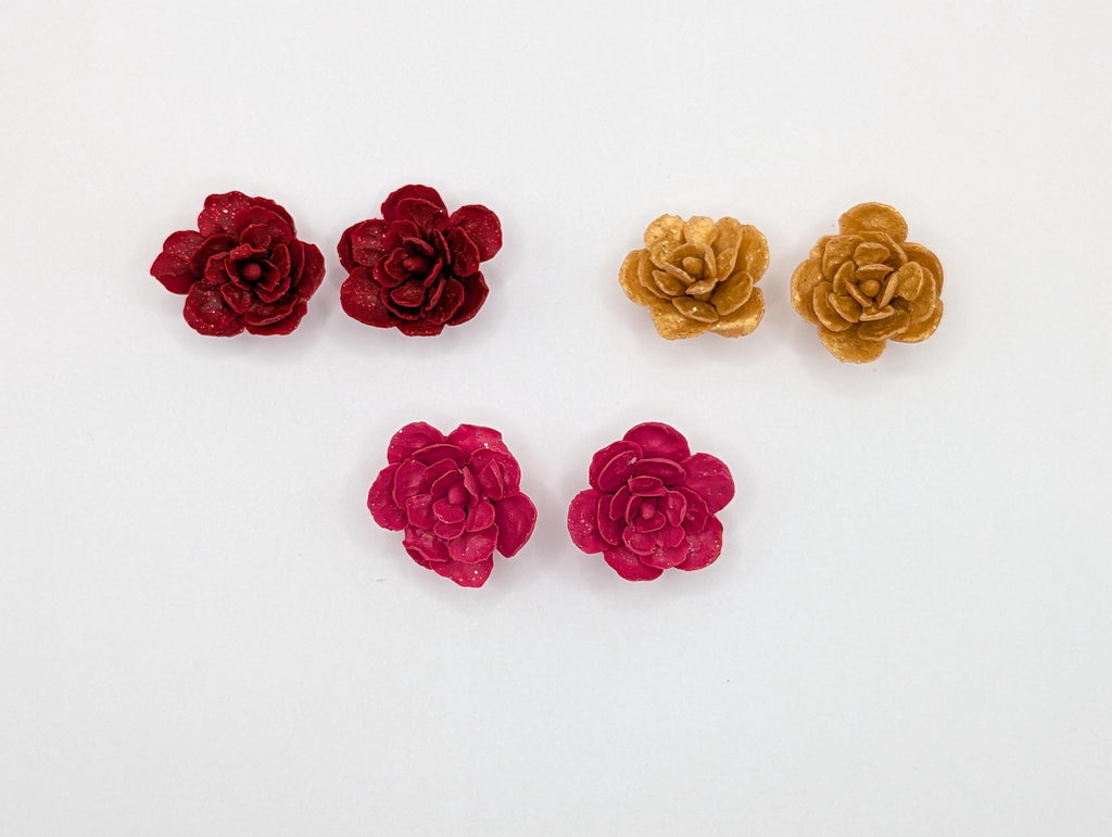 Handcrafted Rose Stud Earrings with Subtle Glitter, Lightweight Polymer Clay Floral Studs