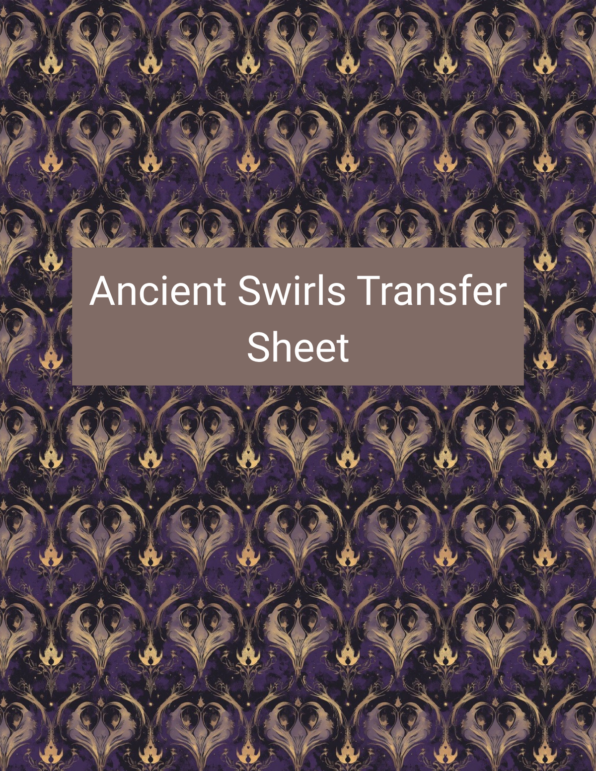 Ancient Swirls polymer clay transfer paper with deep purple, black, antique gold, smoky taupe, and muted lavender featuring repeating filigree swirls, curling botanical shapes, and antique ornamental details