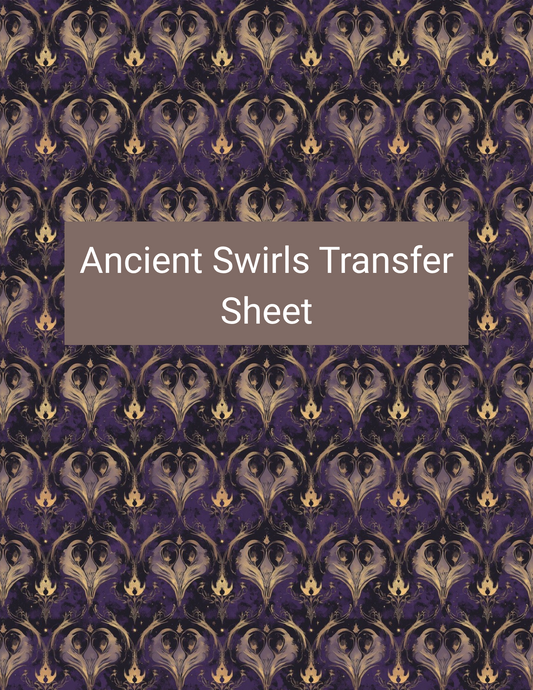 Ancient Swirls polymer clay transfer paper with deep purple, black, antique gold, smoky taupe, and muted lavender featuring repeating filigree swirls, curling botanical shapes, and antique ornamental details