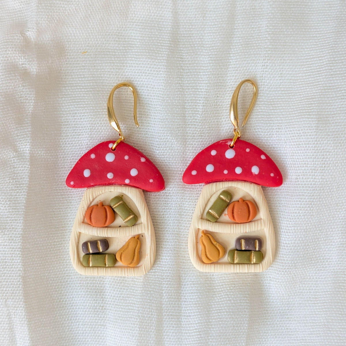 Autumn mushroom bookshelf earrings with 18K gold-plated brass hooks