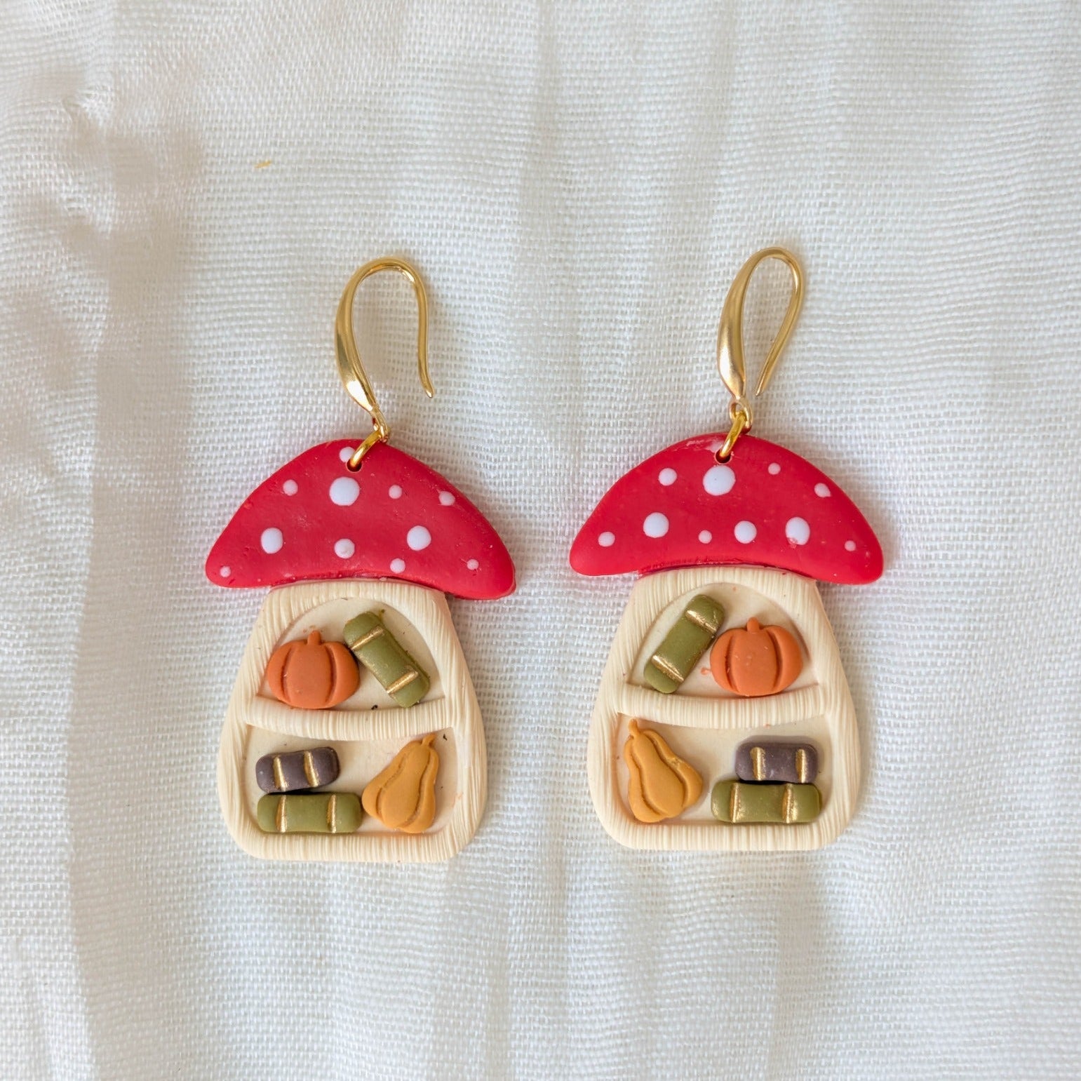 Autumn mushroom bookshelf earrings with 18K gold-plated brass hooks