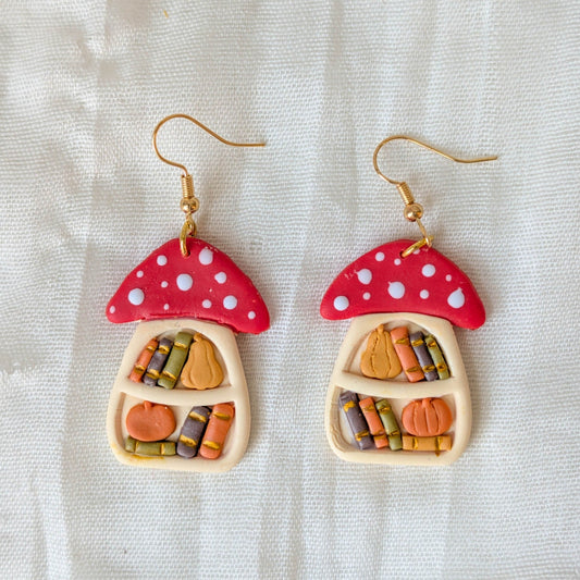 Autumn mushroom bookshelf earrings with gold-plated stainless steel fishhook wires
