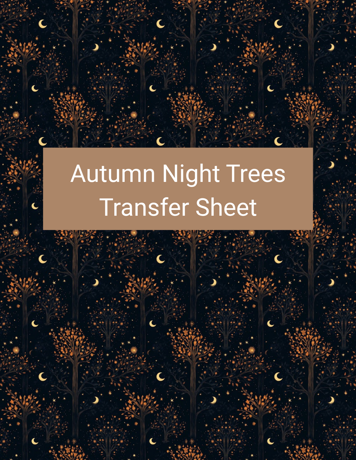 Autumn Night Trees polymer clay transfer paper with black, burnt orange, copper, and muted gold featuring rust-colored trees, crescent moons, stars, and glowing dotted foliage