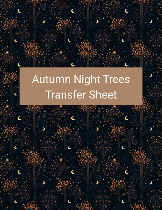 Autumn Night Trees polymer clay transfer paper with black, burnt orange, copper, and muted gold featuring rust-colored trees, crescent moons, stars, and glowing dotted foliage