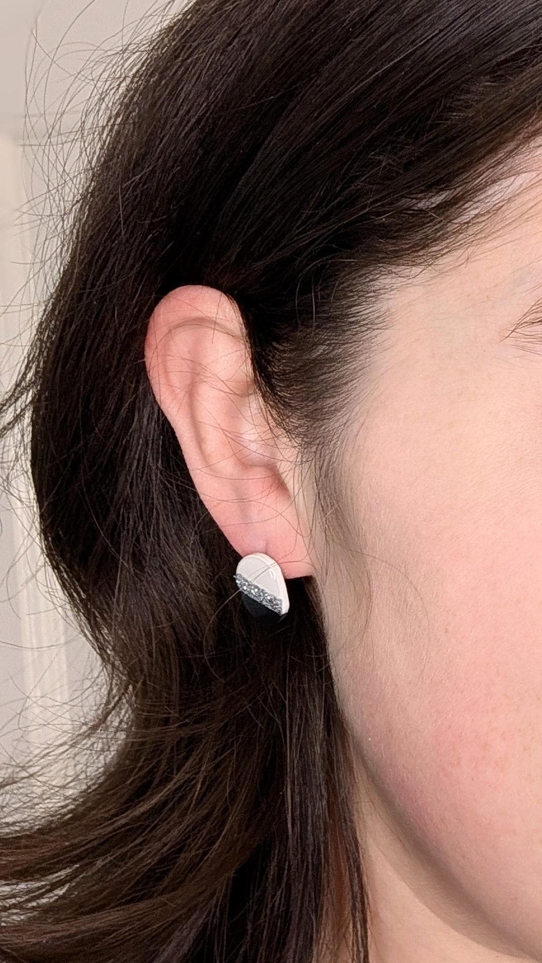 Minimalist Black and White Stud Earring with Gold or Silver Glitter Accent