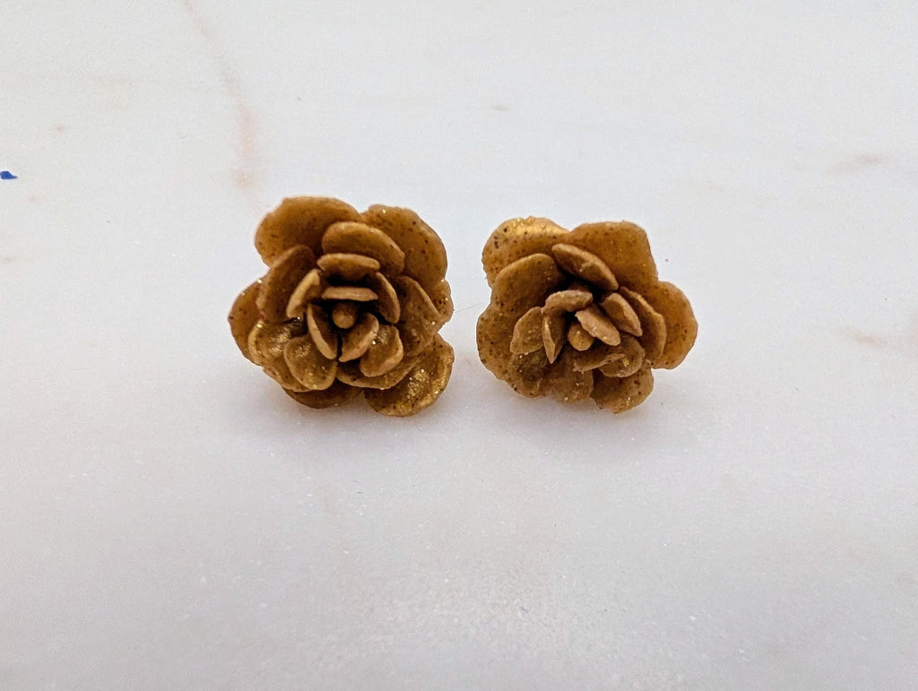 Handcrafted Rose Stud Earrings with Subtle Glitter, Lightweight Polymer Clay Floral Studs