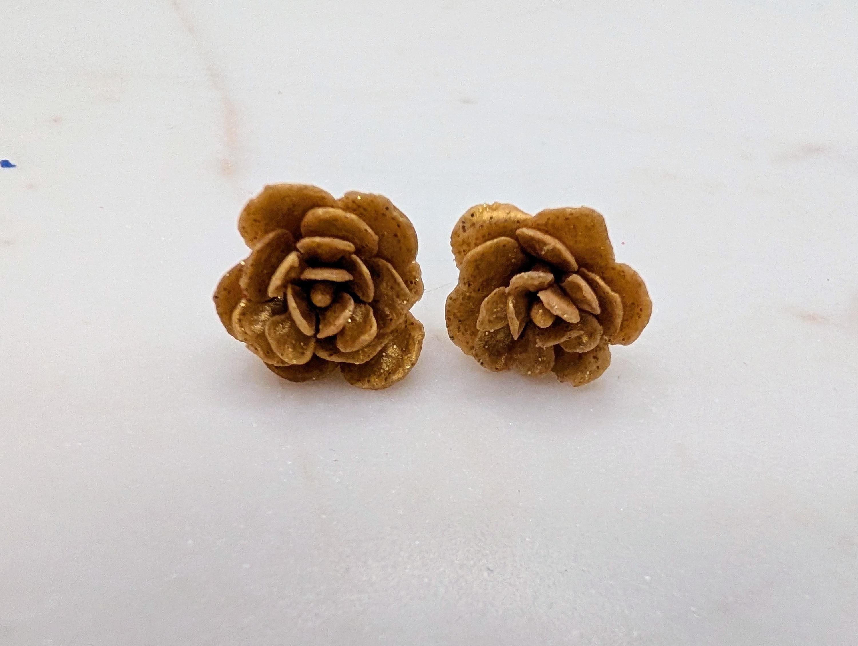 Handcrafted Rose Stud Earrings with Subtle Glitter, Lightweight Polymer Clay Floral Studs