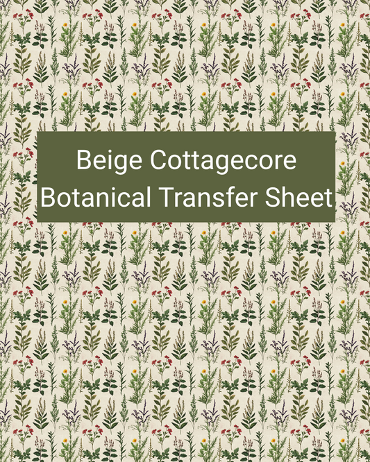 Beige Cottagecore Botanical polymer clay transfer paper with sage green, muted red, soft yellow, and beige and slender botanical sprigs, tiny leaves, and petite red blossoms
