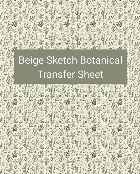 Beige Sketch Botanical polymer clay transfer paper with soft sage gray and warm beige and fine sketched leaves and repeating botanical sprigs