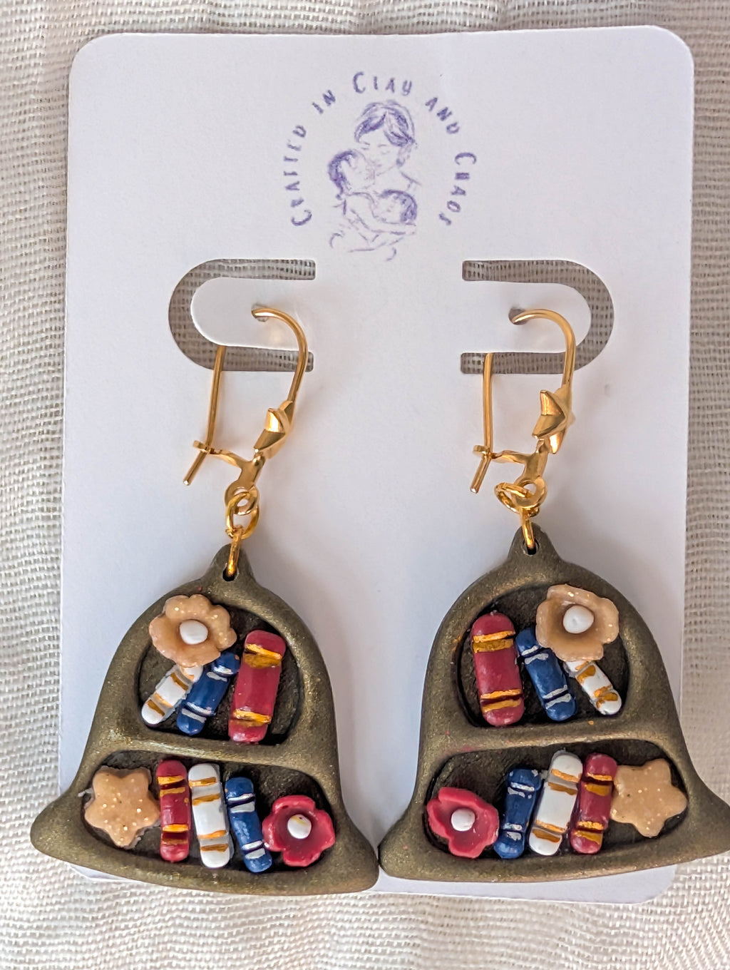 Liberty Bell Bookcase Clay Earrings for Booklover Fourth of July Style