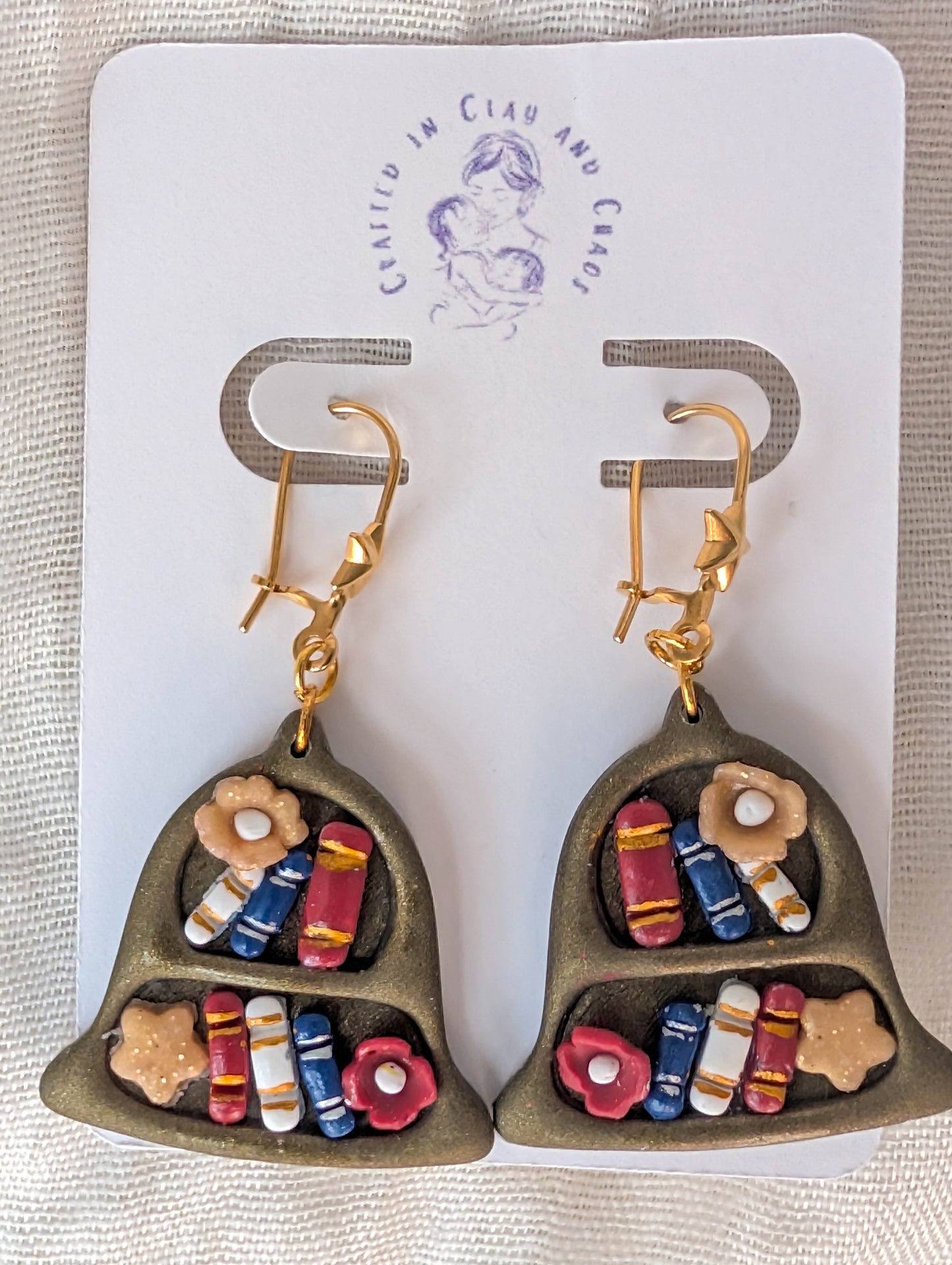 Liberty Bell Bookcase Clay Earrings for Booklover Fourth of July Style