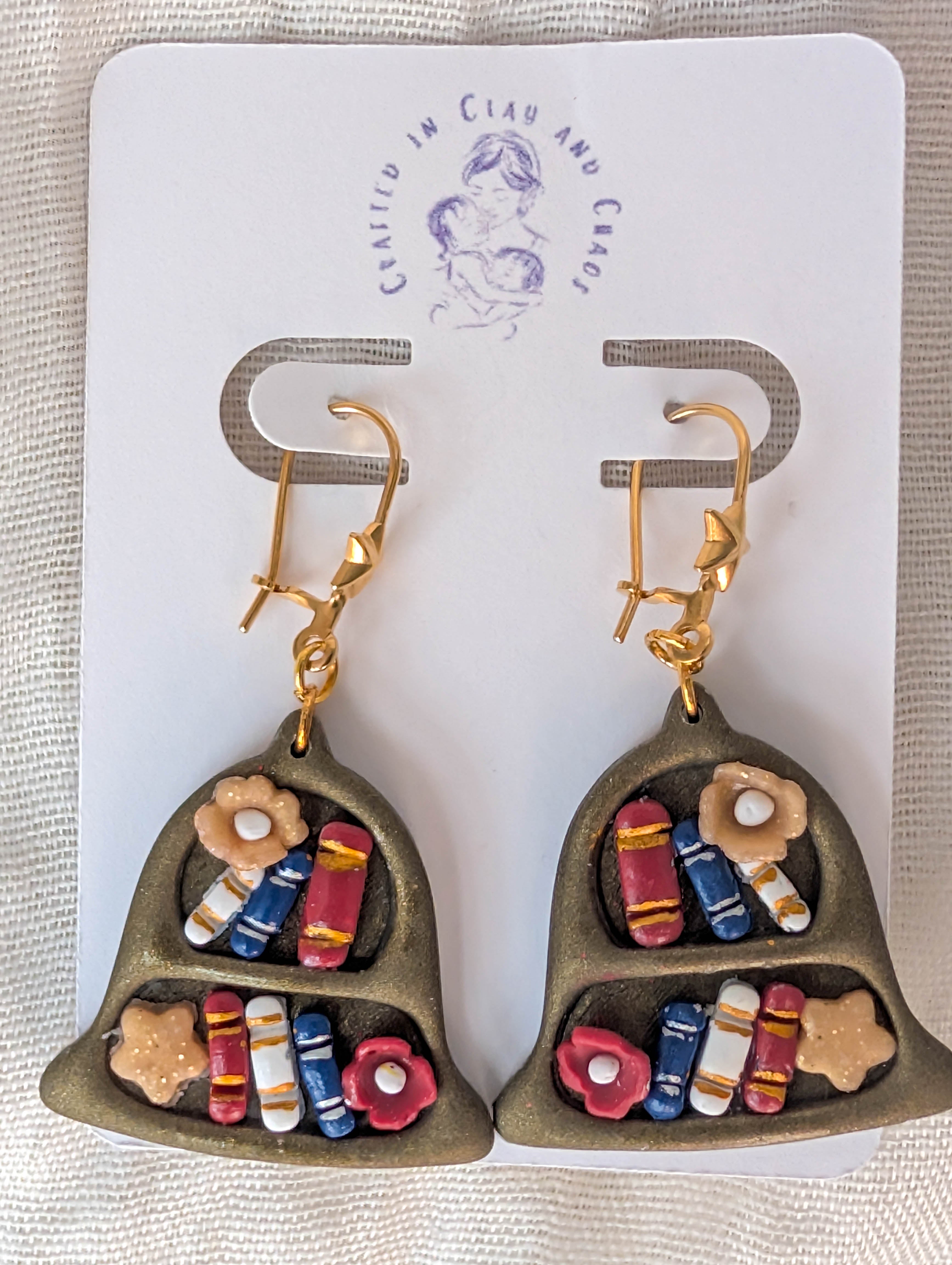 Liberty Bell Bookcase Clay Earrings for Booklover Fourth of July Style