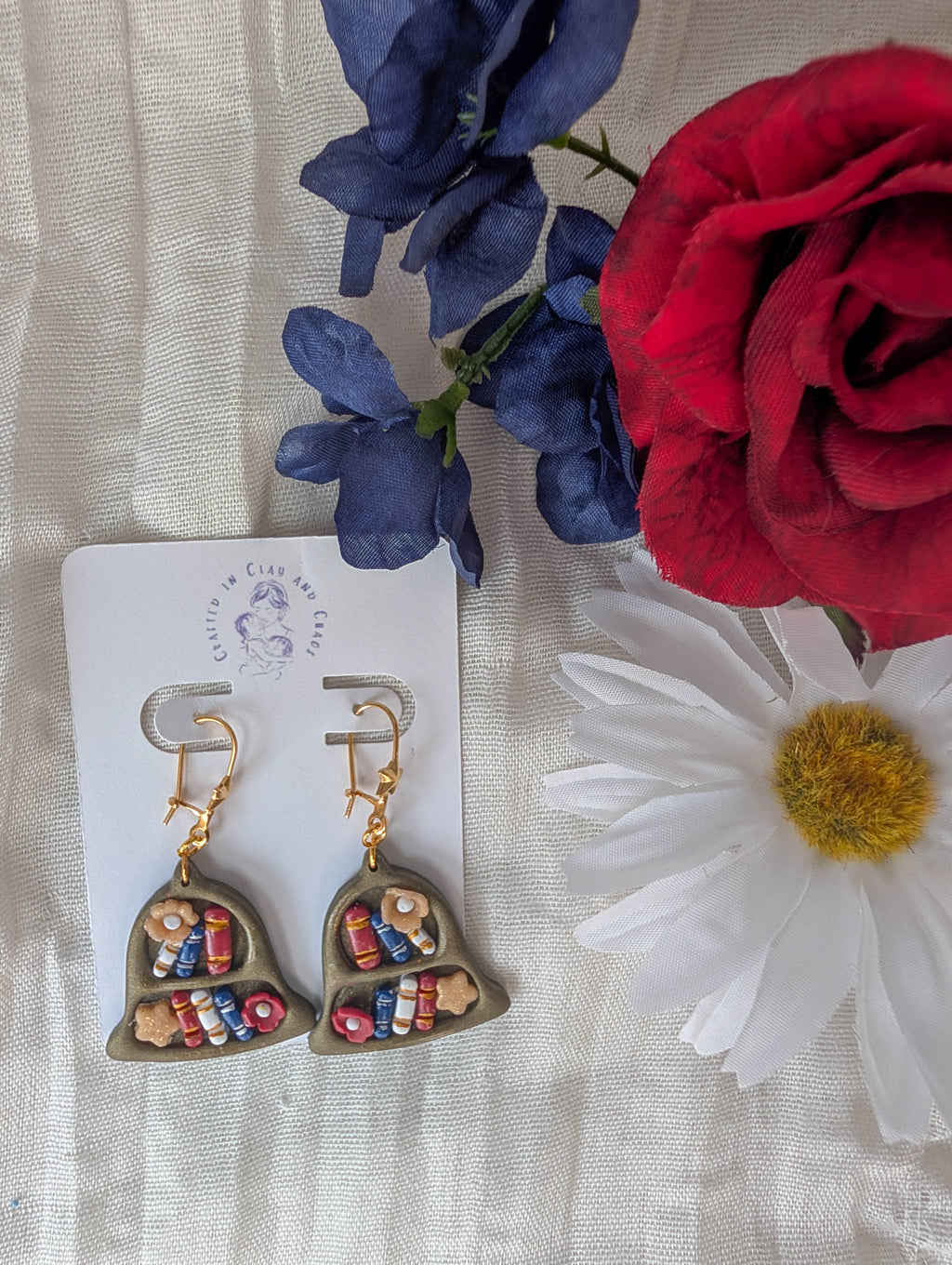 Liberty Bell Bookcase Clay Earrings for Booklover Fourth of July Style