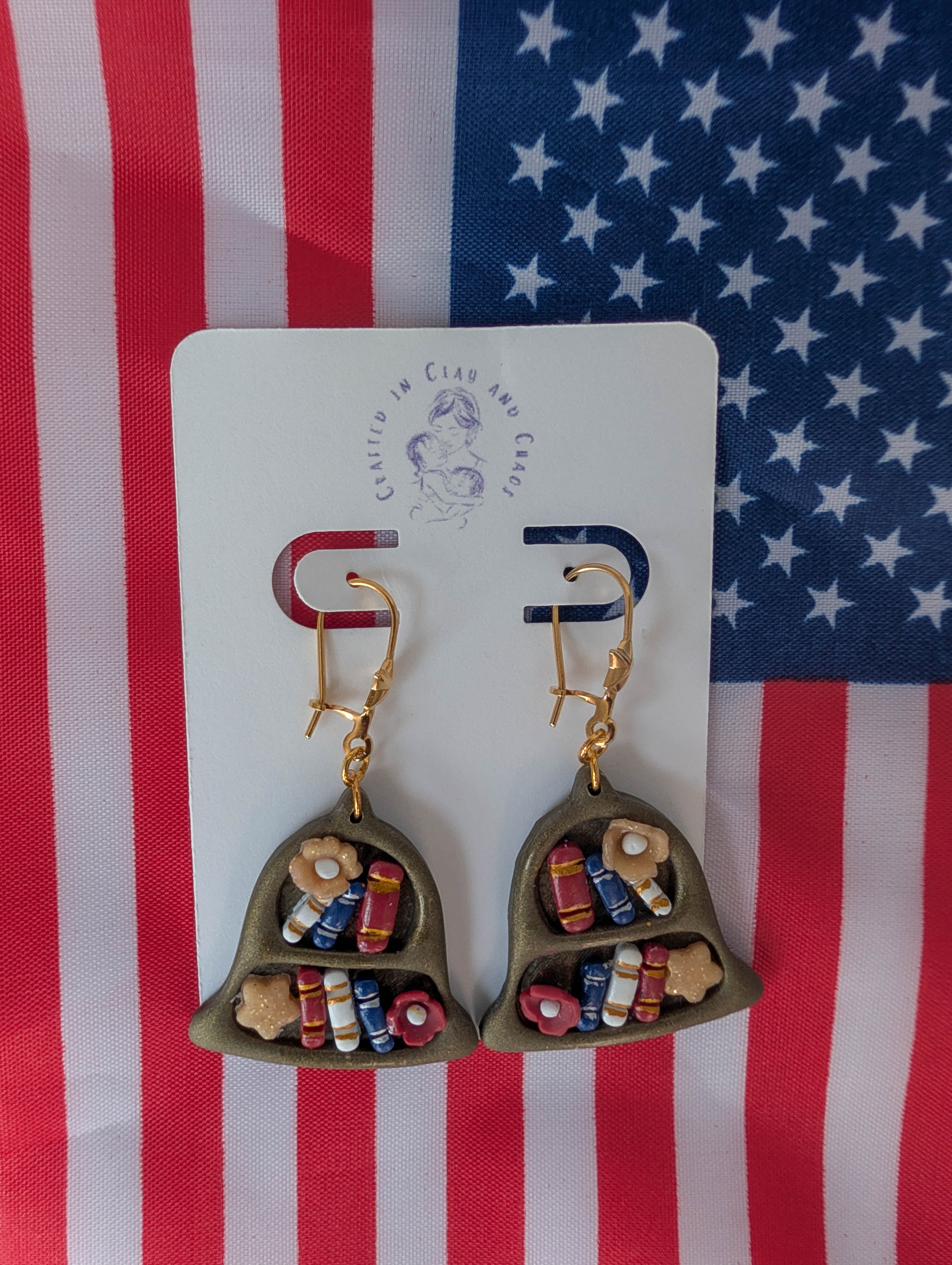 Liberty Bell Bookcase Clay Earrings for Booklover Fourth of July Style