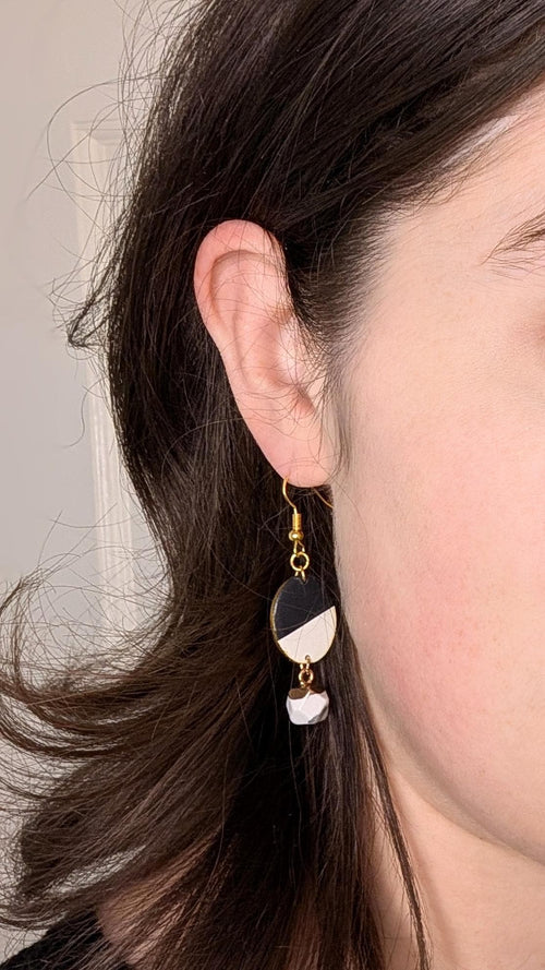 Black and White Oval Clay Earrings: Lightweight Modern Everyday Pair
