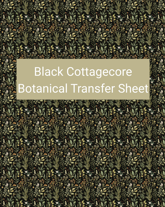 Black Cottagecore Botanical polymer clay transfer paper with charcoal black, olive green, tan, and muted orange and dense leafy vines, tiny buds, and scattered berry-like accents