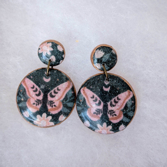 Black moth double circle drop earrings with dusty pink floral and moon phase details
