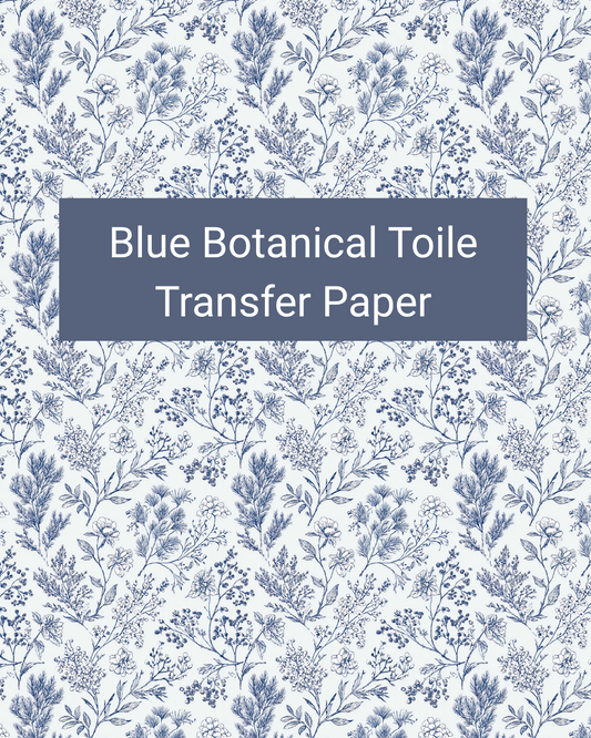 Blue Botanical Toile polymer clay transfer paper with flowing stems, leaves, berries, and fine floral details in white, pale blue, denim blue, and navy