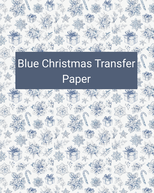 Blue Christmas polymer clay transfer paper with presents, snowflakes, florals, greenery, and festive winter motifs in white, pale blue, denim blue, and navy