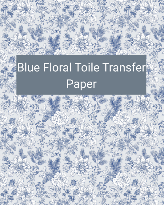 Blue Floral Toile polymer clay transfer paper with layered flowers, leaves, and fine toile-style botanical details in white, pale blue, denim blue, and navy